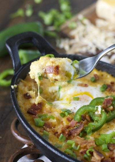 Baked Eggs and Cheesy Grits with Bacon and Jalapeño! The ultimate Southern breakfast!