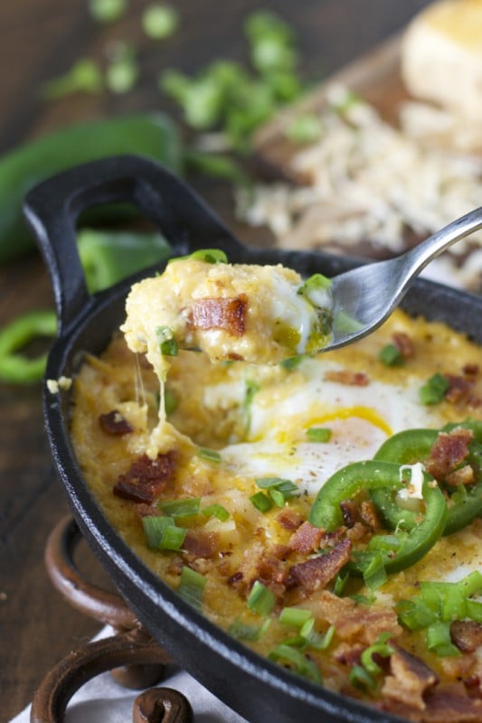 Baked Eggs and Cheesy Grits with Bacon and Jalapeño! The ultimate Southern breakfast!