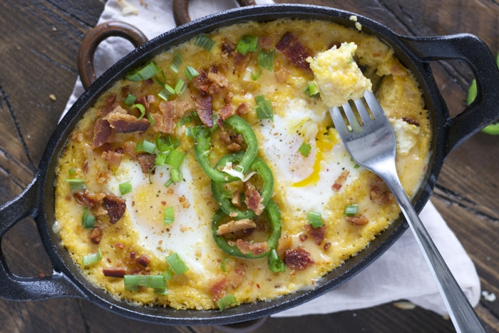 Baked Eggs and Cheesy Grits with Bacon and Jalapeño! The ultimate Southern breakfast!