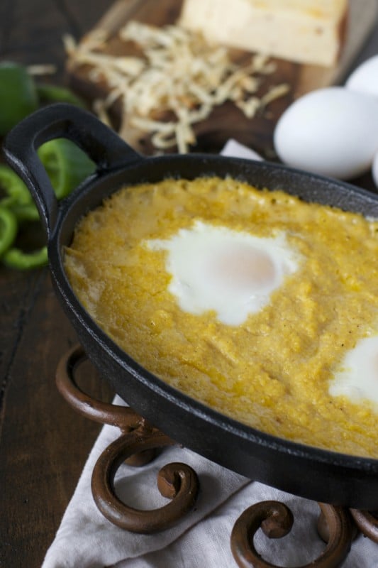 Baked Eggs and Cheesy Grits with Bacon and Jalapeño! The ultimate Southern breakfast!