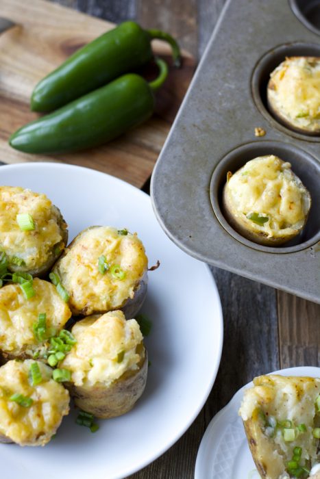 Tender potatoes are packed with chipotle gouda cheese, chopped jalapenos, butter, and sour cream for the ultimate side dish! These Gouda and Jalapeno Twice Baked Potatoes will be a new family favorite!