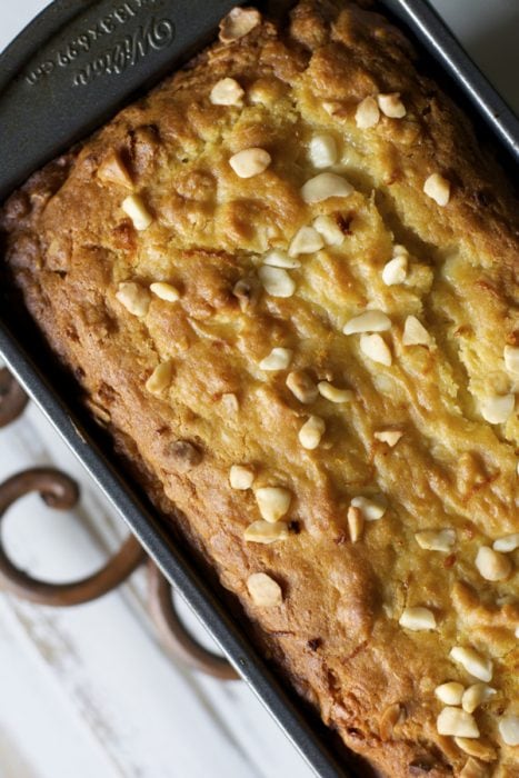 This easy gluten free Orange Bread features sweet white chocolate and salty macadamia nuts for a delicious, sweet treat! 