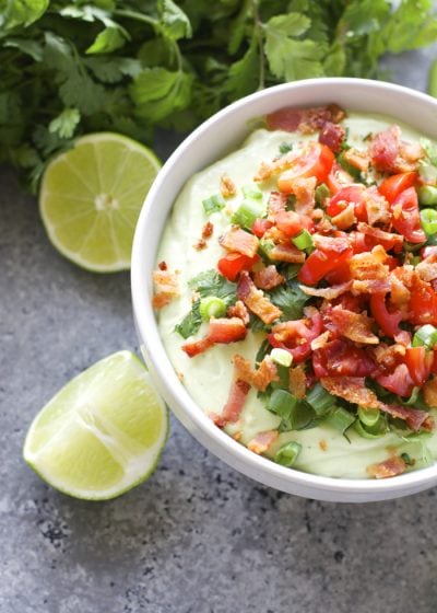 Avocado Bacon Dip! Creamy Avocado, light sour cream, ranch seasoning and crisp bacon make for the perfect Summer appetizer!