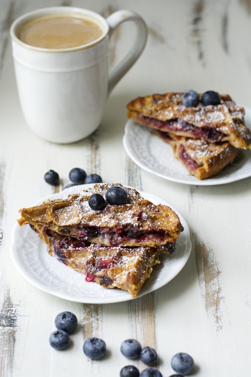 Blueberry Cheesecake Stuffed French Toast Waffles! Seriously the best waffles ever! And really easy!