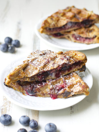 Blueberry Cheesecake Stuffed French Toast Waffles! Seriously the best waffles ever! And really easy!