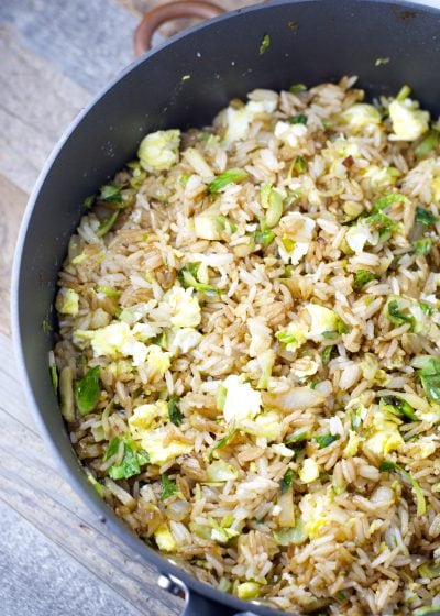 This Crispy Brussels Sprout Fried Rice is totally addictive! Super simple and ready in under 15 minutes!
