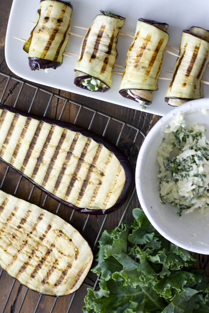 Sliced eggplant is grilled and packed with a cheesy, Roasted Garlic Ranch and kale mixture!