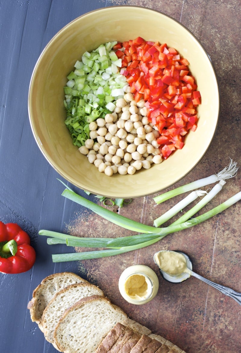 Chickpeas are paired with crunchy celery, fresh bell pepper, chopped green onions in a spicy Dijon mustard sauce! 