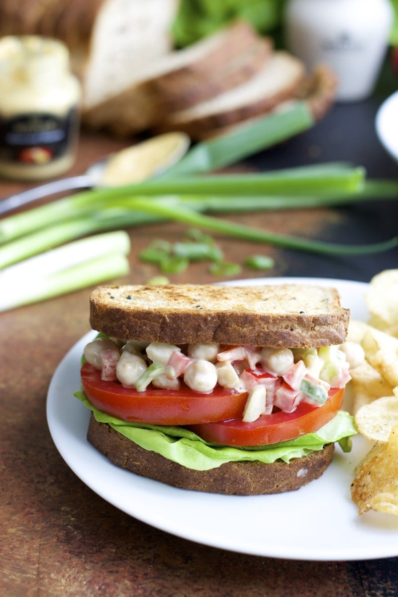 Chickpeas are paired with crunchy celery, fresh bell pepper, chopped green onions in a spicy Dijon mustard sauce! 
