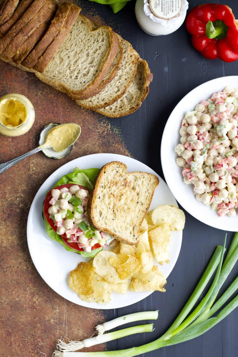 Chickpeas are paired with crunchy celery, fresh bell pepper, chopped green onions in a spicy Dijon mustard sauce! 