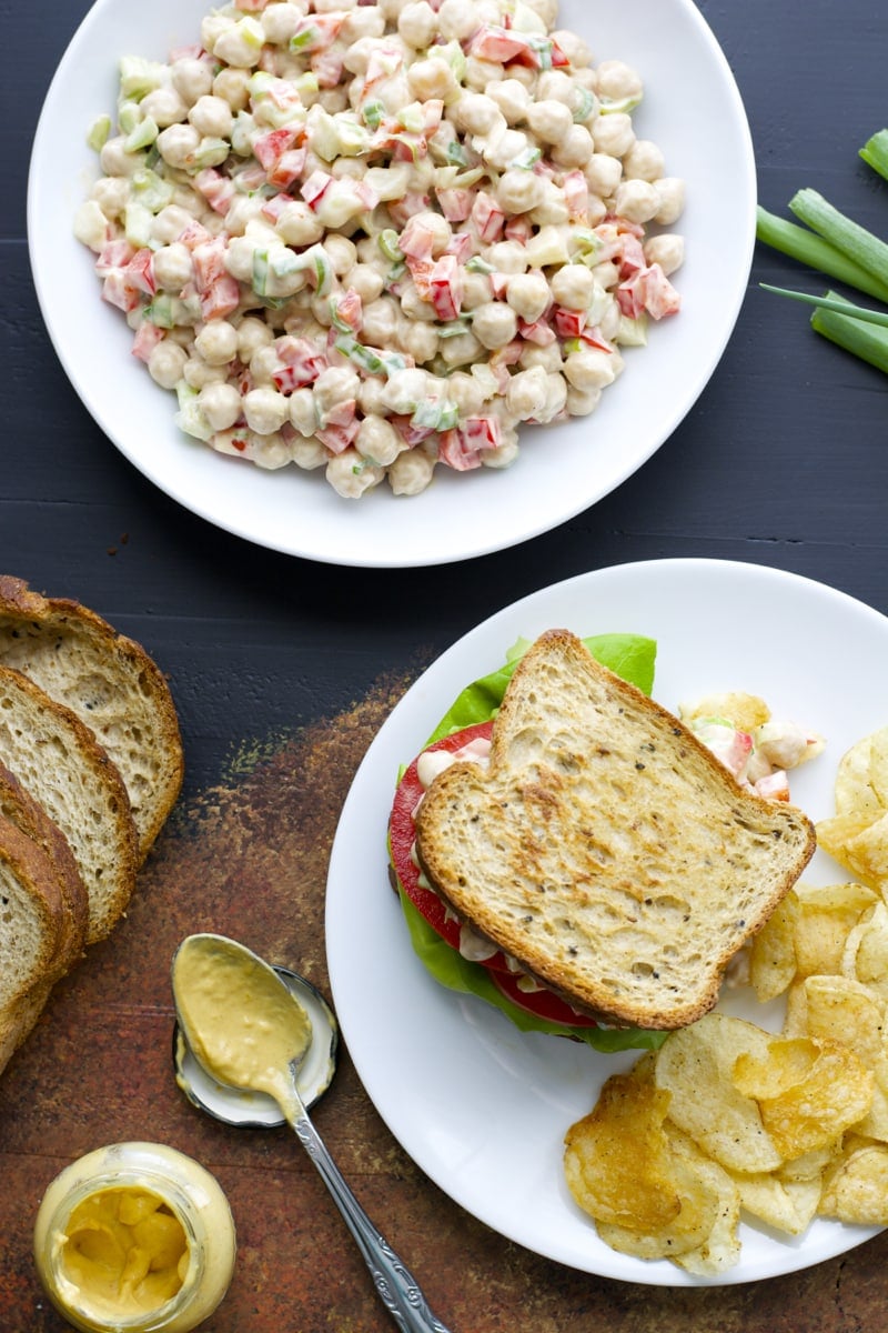Chickpeas are paired with crunchy celery, fresh bell pepper, chopped green onions in a spicy Dijon mustard sauce! 