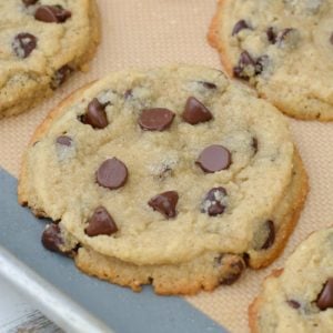 Try my favorite Bakery Style Keto Chocolate Chip Cookies that are perfectly crisp on the outside and gooey in the center! Each giant cookie contains about 4 net carbs! 