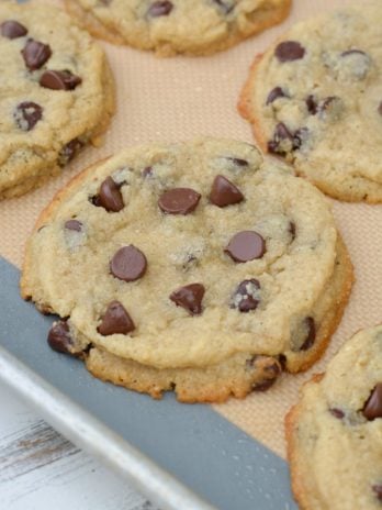 Try my favorite Bakery Style Keto Chocolate Chip Cookies that are perfectly crisp on the outside and gooey in the center! Each giant cookie contains about 4 net carbs! 