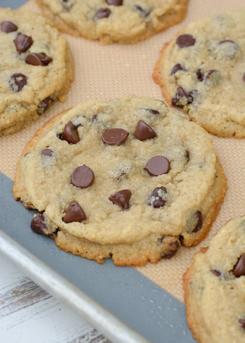 Try my favorite Bakery Style Keto Chocolate Chip Cookies that are perfectly crisp on the outside and gooey in the center! Each giant cookie contains about 4 net carbs! 