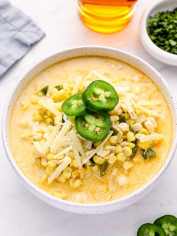 This is the best Corn Chowder Recipe! Fresh sweet corn is paired with spicy jalapeño and sharp white cheddar for the ultimate summer comfort food!