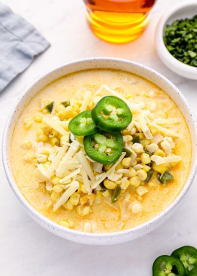 This is the best Corn Chowder Recipe! Fresh sweet corn is paired with spicy jalapeño and sharp white cheddar for the ultimate summer comfort food!