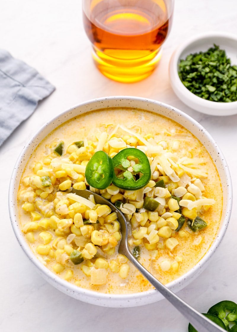 This is the best Corn Chowder Recipe! Fresh sweet corn is paired with spicy jalapeño and sharp white cheddar for the ultimate summer comfort food!