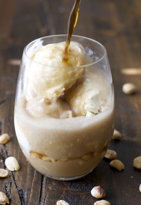 Sweet and creamy Peanut Butter Fudge sauce is paired with Vanilla Bean ice cream and fizzy Dr. Pepper for the ultimate Summer float!