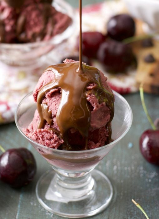 This delightful Chocolate Cherry Frozen Yogurt is the perfect lightened up sweet treat! Low carb options are included!