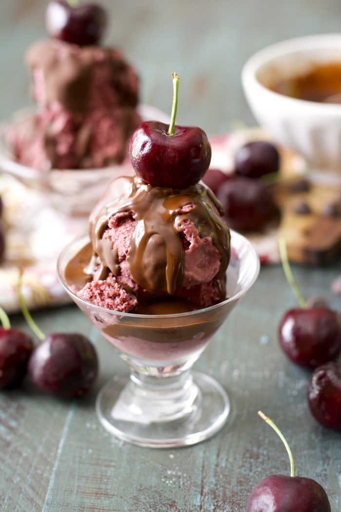 This delightful Chocolate Cherry Frozen Yogurt is the perfect lightened up sweet treat! Low carb options are included!