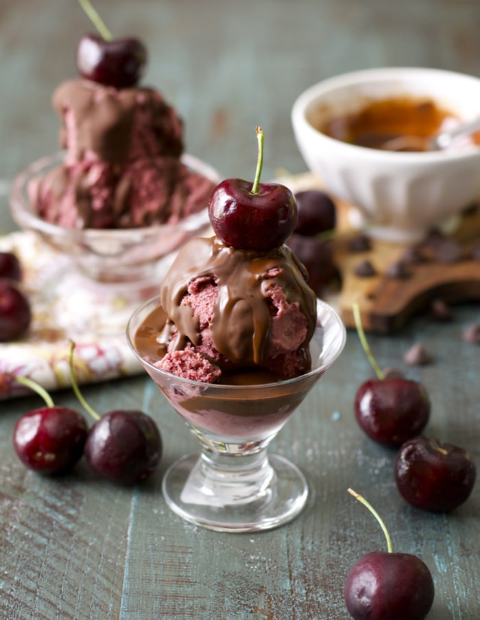 This delightful Chocolate Cherry Frozen Yogurt is the perfect lightened up sweet treat! Low carb options are included!
