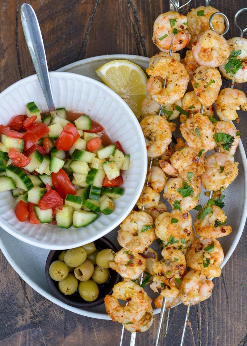 Try these healthy Grilled Shrimp Skewers for a healthy, easy dinner option! This recipe is naturally low carb, gluten free and keto-friendly!