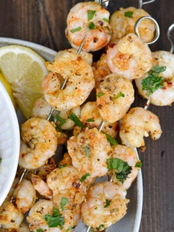 Try these healthy Grilled Shrimp Skewers for a healthy, easy dinner option! This recipe is naturally low carb, gluten free and keto-friendly!