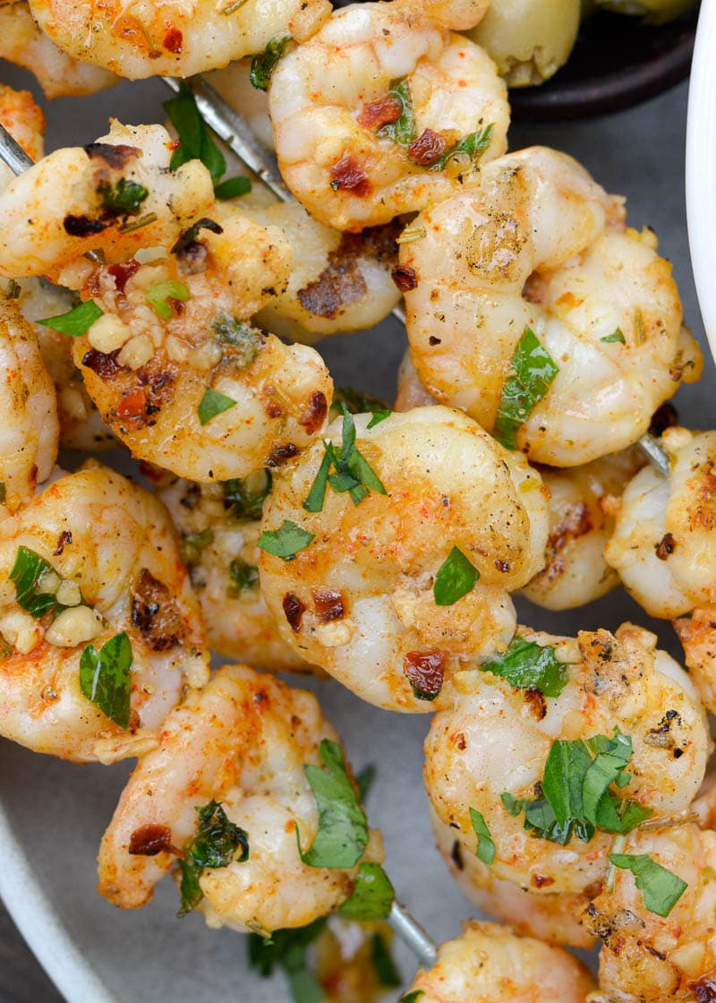 Try these healthy Grilled Shrimp Skewers for a healthy, easy dinner option! This recipe is naturally low carb, gluten free and keto-friendly!