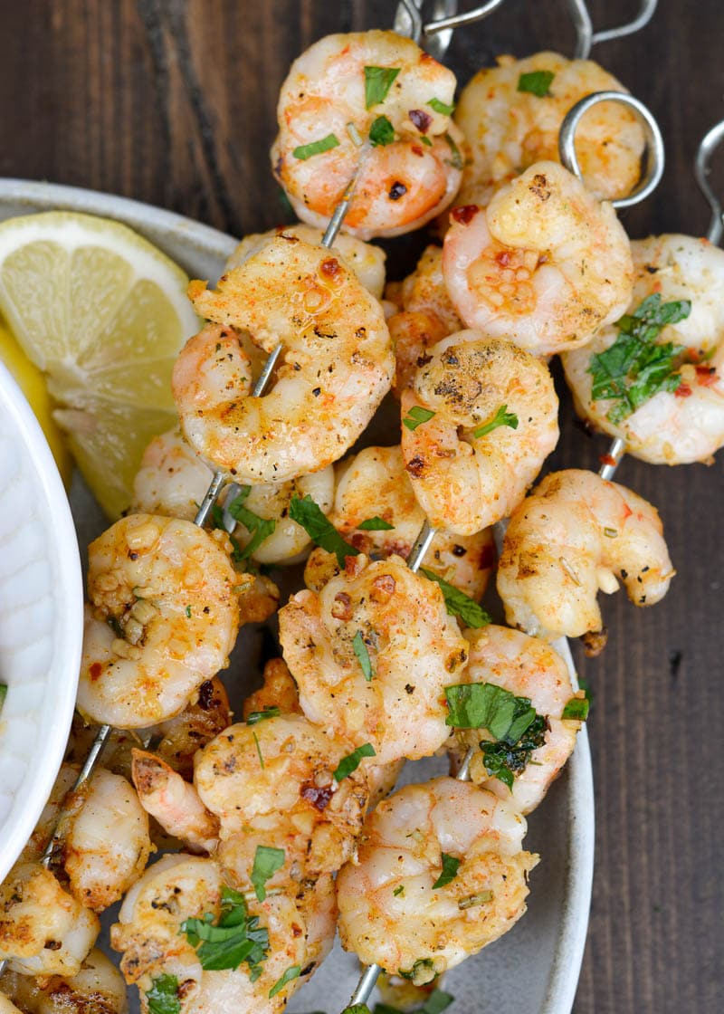 Try these healthy Grilled Shrimp Skewers for a healthy, easy dinner option! This recipe is naturally low carb, gluten free and keto-friendly!