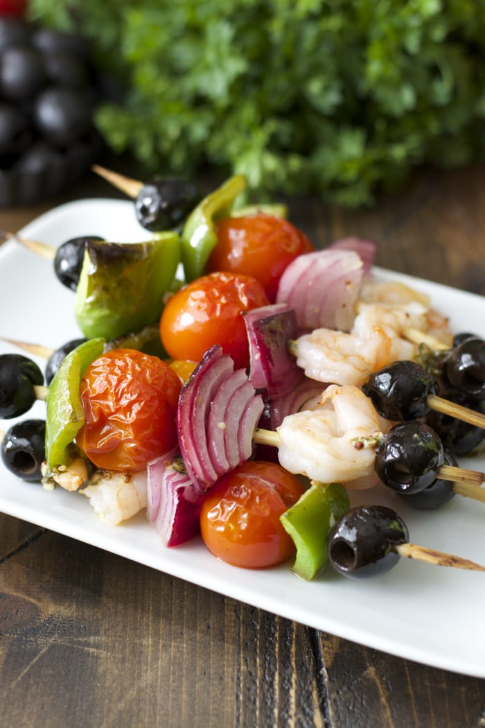 Mediterranean Shrimp Skewers! These healthy skewers come together in minutes!