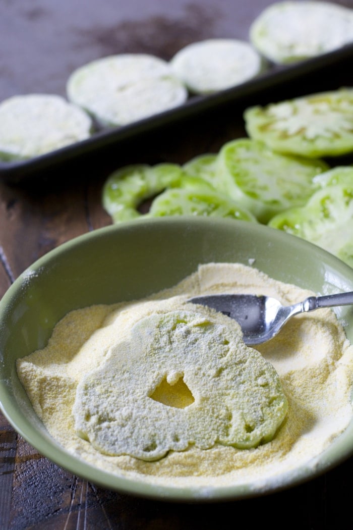 green tomatoes in breading