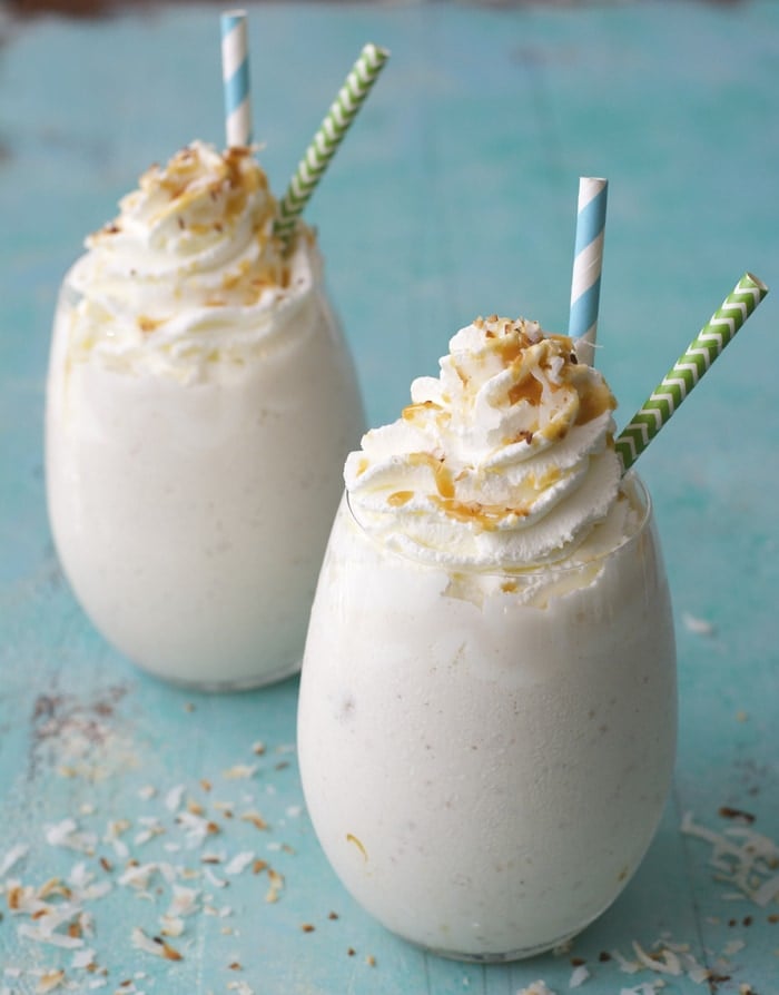This Salted Caramel Toasted Coconut Shake is packed with freshly toasted coconut, Vanilla Coconut Almond Milk for the ultimate Summer treat!