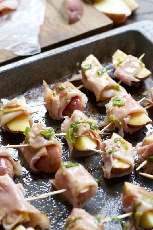 These Ham Wrapped Roasted Potatoes are served with Smokey Honey Mustard for a new and exciting appetizer! The perfect game day treat!