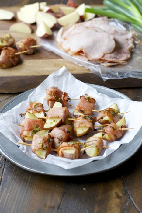 These Ham Wrapped Roasted Potatoes are served with Smokey Honey Mustard for a new and exciting appetizer! The perfect game day treat!
