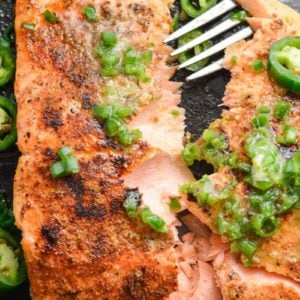 This Salmon with Jalapeno Lime Butter is the perfect quick and easy low carb dinner. At less than one net carb per serving this recipe fits perfectly within a keto diet!