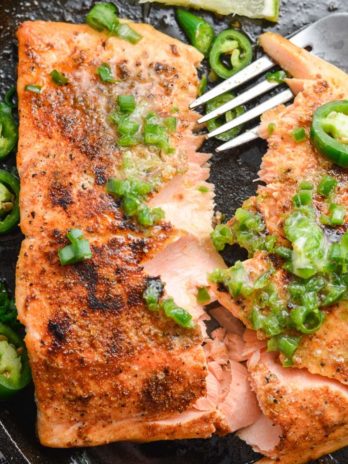 This Salmon with Jalapeno Lime Butter is the perfect quick and easy low carb dinner. At less than one net carb per serving this recipe fits perfectly within a keto diet!