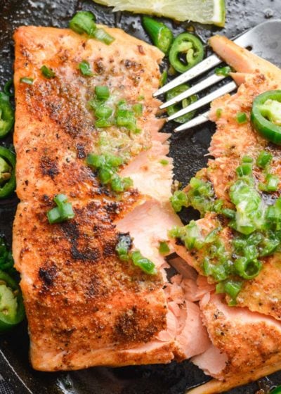 This Salmon with Jalapeno Lime Butter is the perfect quick and easy low carb dinner. At less than one net carb per serving this recipe fits perfectly within a keto diet!