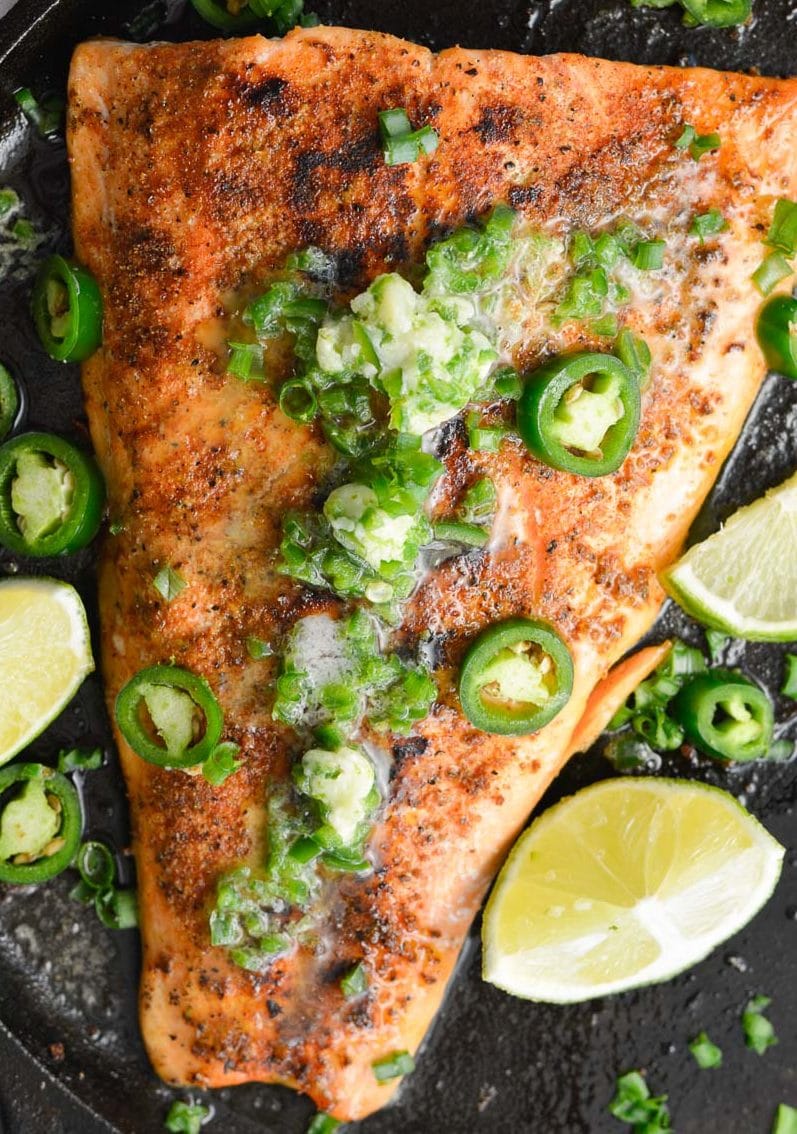 This Salmon with Jalapeno Lime Butter is the perfect quick and easy low carb dinner. At less than one net carb per serving this recipe fits perfectly within a keto diet!