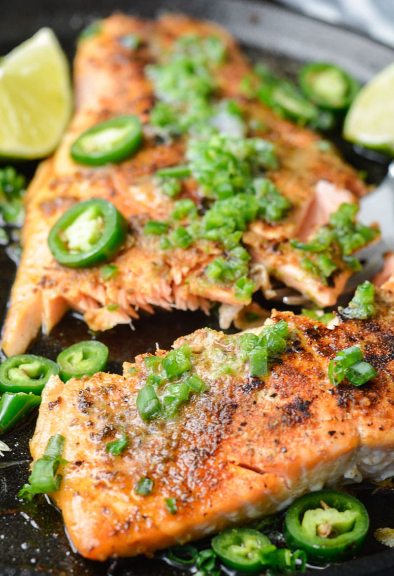 This Salmon with Jalapeno Lime Butter is the perfect quick and easy low carb dinner. At less than one net carb per serving this recipe fits perfectly within a keto diet!