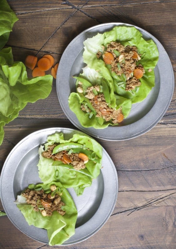 overhead view of two plates with asian lettuce wraps 