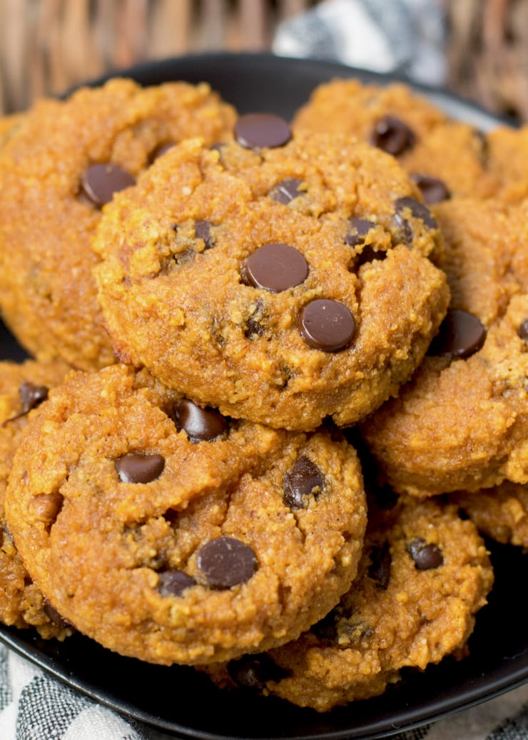 Soft and Chewy Chocolate Chip Pumpkin Cookies are the perfect gluten free, grain free treat! Each low carb cookie contains about 1 net carb each making it a great keto-friendly snack!