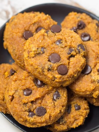 Soft and Chewy Chocolate Chip Pumpkin Cookies are the perfect gluten free, grain free treat! Each low carb cookie contains about 1 net carb each making it a great keto-friendly snack!