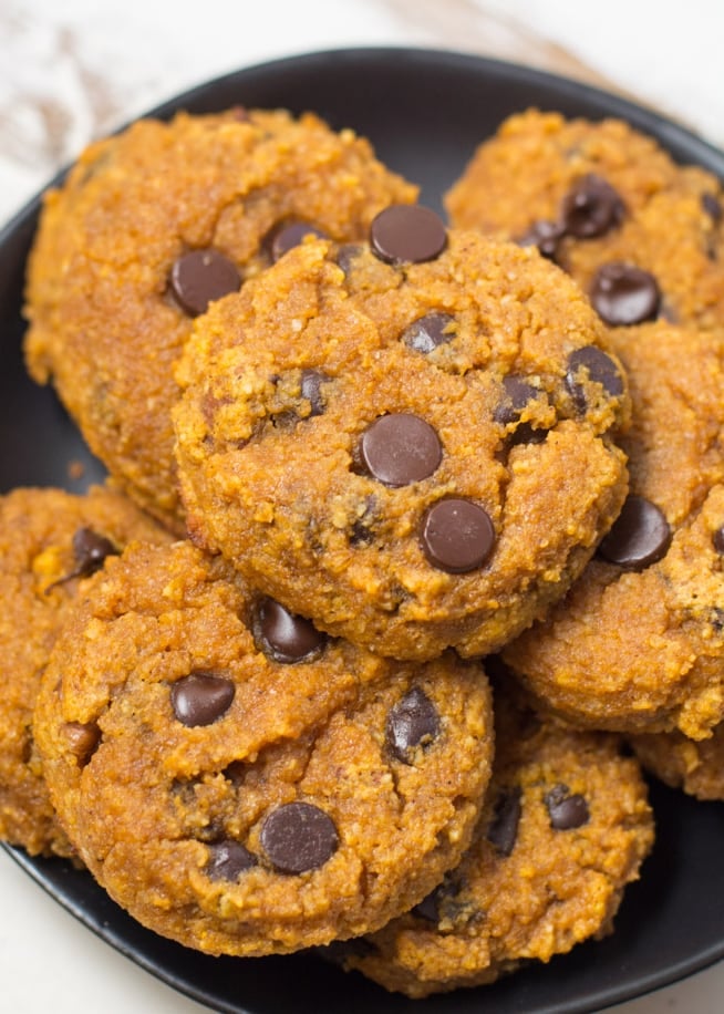 Soft and Chewy Chocolate Chip Pumpkin Cookies are the perfect gluten free, grain free treat! Each low carb cookie contains about 1 net carb each making it a great keto-friendly snack!