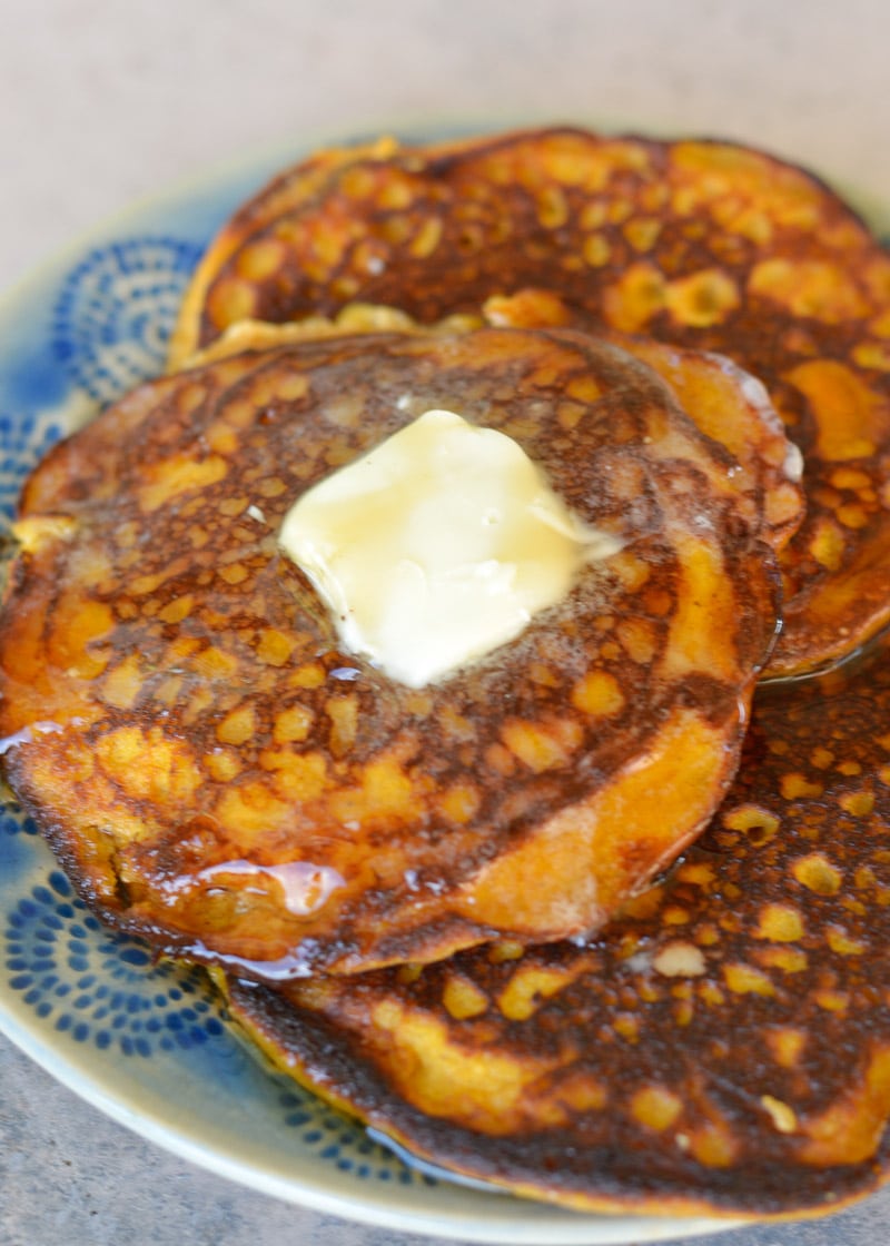 Ultra fluffy Keto Pumpkin Spice Pancakes are perfect for a decadent Fall breakfast! Each pancake contains only 2.5 net carbs!  