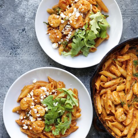 One Pan Shrimp Pasta with Feta! Ready in under 15 minutes!
