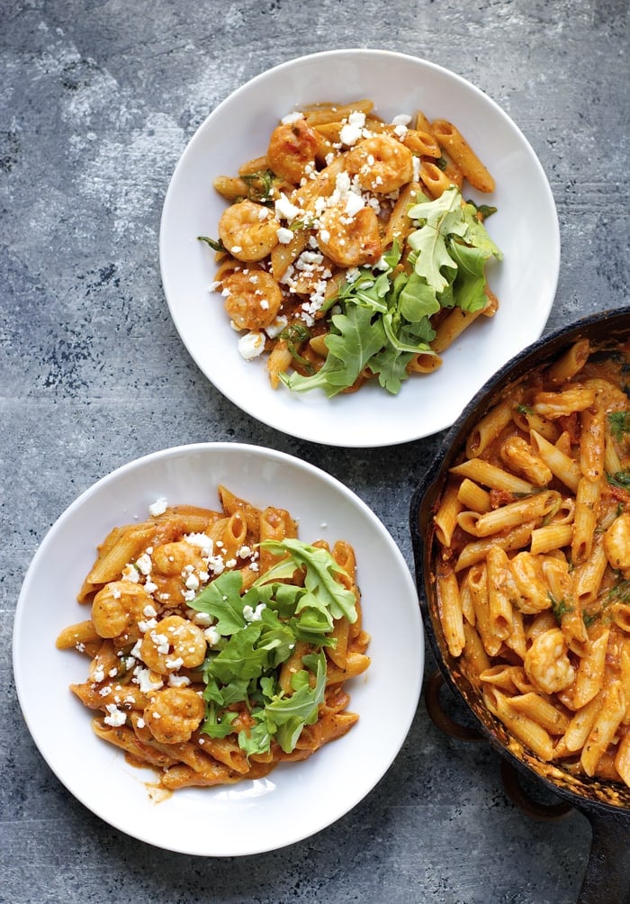 One Pan Shrimp Pasta with Feta! Ready in under 15 minutes!