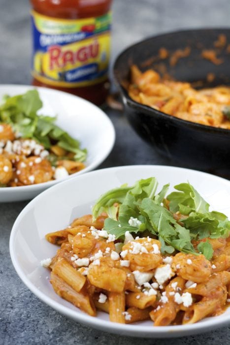 One Pan Shrimp Pasta with Feta! Ready in under 15 minutes! 