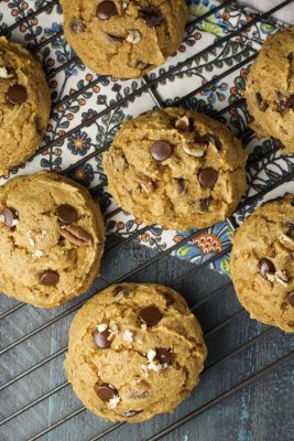Soft and Chewy Pumpkin Spiced Cookies are packed with sweet dark chocolate and crunchy pecans!