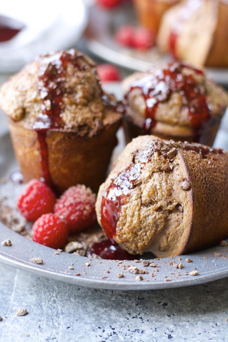 Warm and fluffy Dark Chocolate Popovers with fresh Raspberry Syrup!