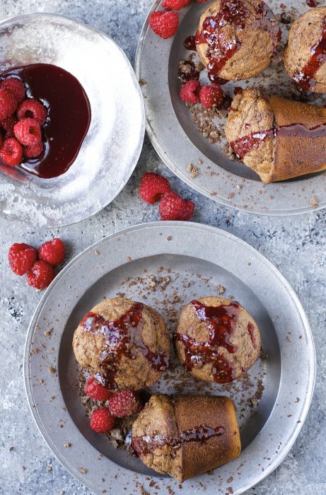 Warm and fluffy Dark Chocolate Popovers with fresh Raspberry Syrup!